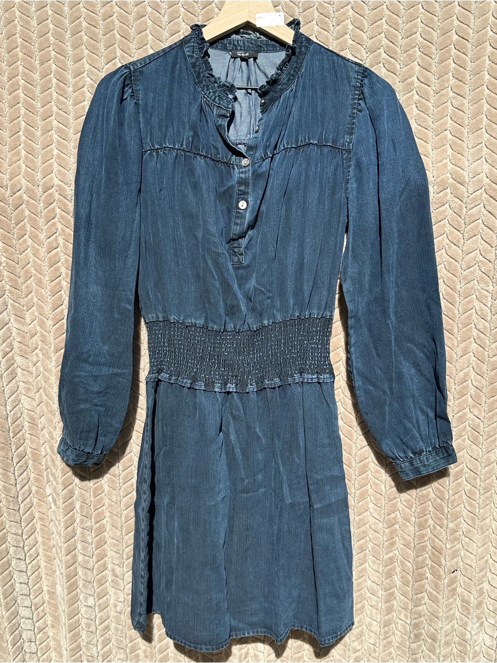 Rails Shawna Dark Vintage Tencel Denim Mini Dress XS Smocked Waist Ruffle Neck - Picture 3 of 11